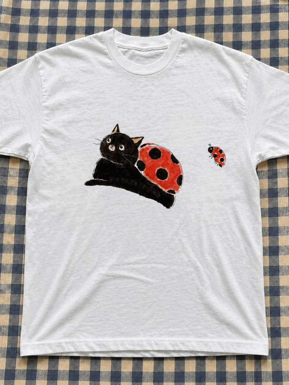 Vintage Pet Cat Graphic T-Shirt with Black Cat & Red Ladybug Design